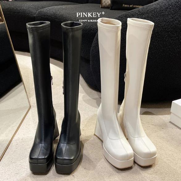 HEMAT PINKEY P295 Boots Panjang Wanita Heels 10cm Platform Hitam Putih