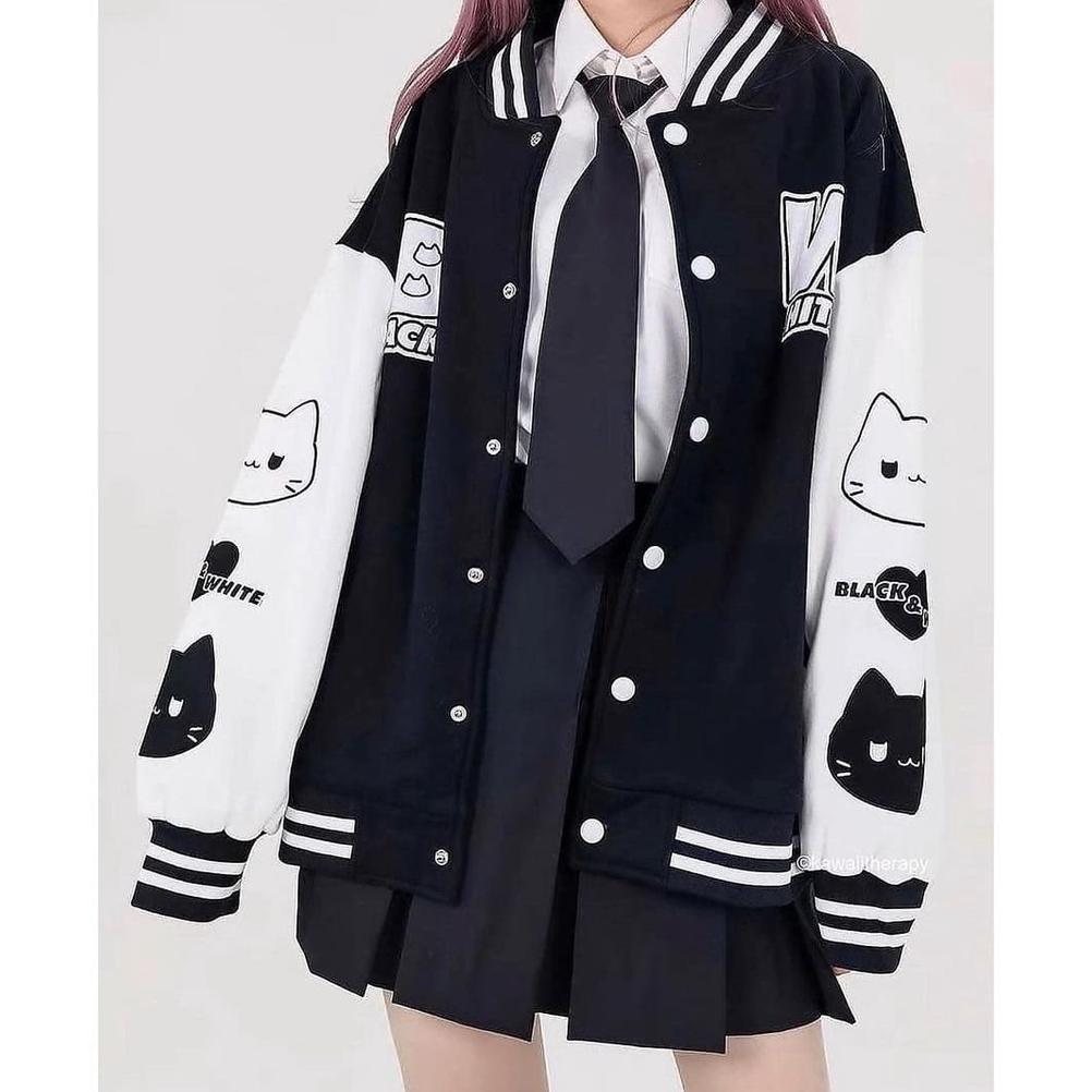 official jaket baseball black white varsity oversize - jaket baseball oversize wanita