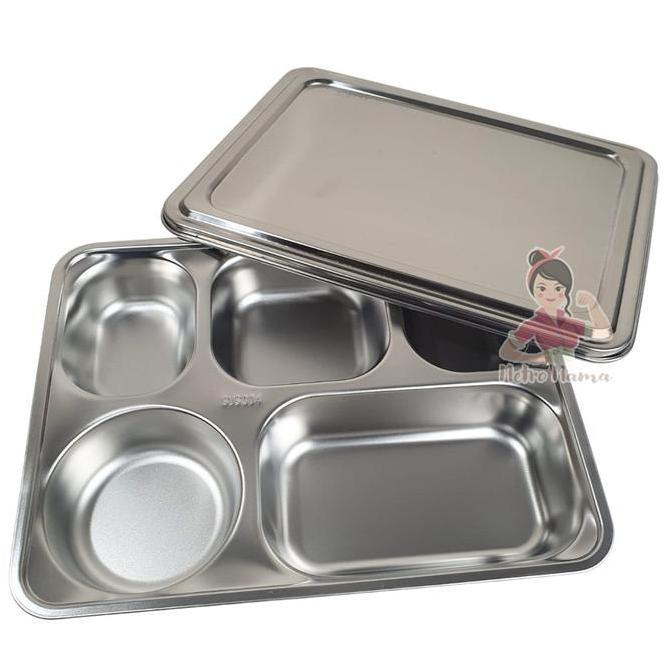 Tray Wadah Tempat Makan Stainless 4 & 5 Sekat 6Cm 304 Ompreng Tebal Tutup Plastik Stainless Catering