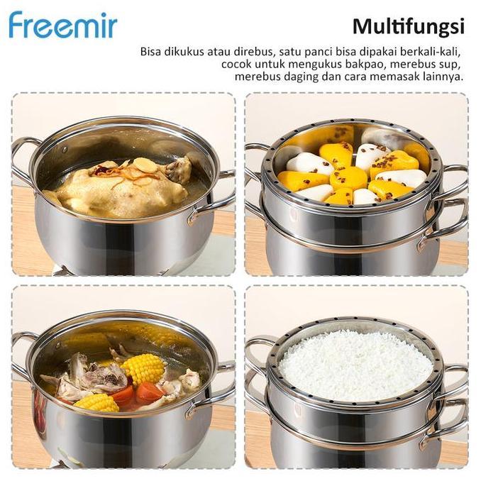 Altwood- [Crehom] Freemir Panci Kukus Nasi 20 Menit Kukusan 2 Susun Stainless Masak Bolu Lebih Cepat