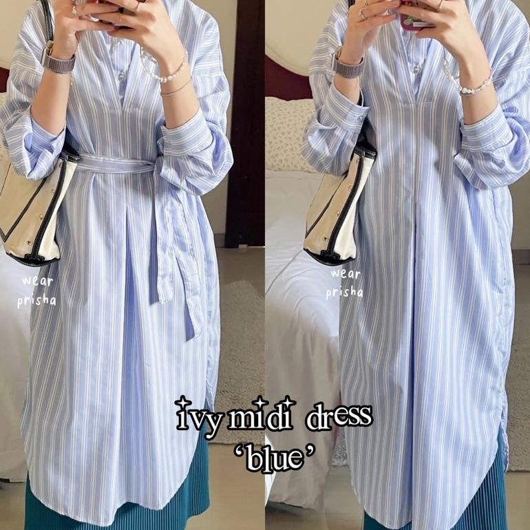 Ivy Stripe Midi Dress | Tunik Salur Oversize Gamis Garis Katun Langsung Kirim