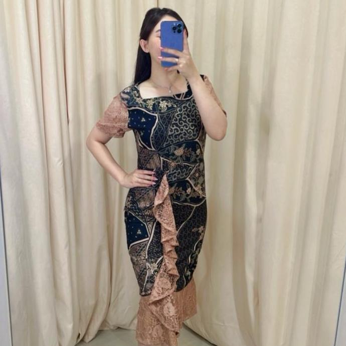 Hadirpopuler- Dress Batik Vior Model Spesial Dengan Kombinasi Premium Batik Dan Brukat - Hitam, Maxi