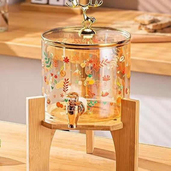 Dispenser Ketel Kaca Penyimpanan Air Dingin Juice Tatakan Kayu