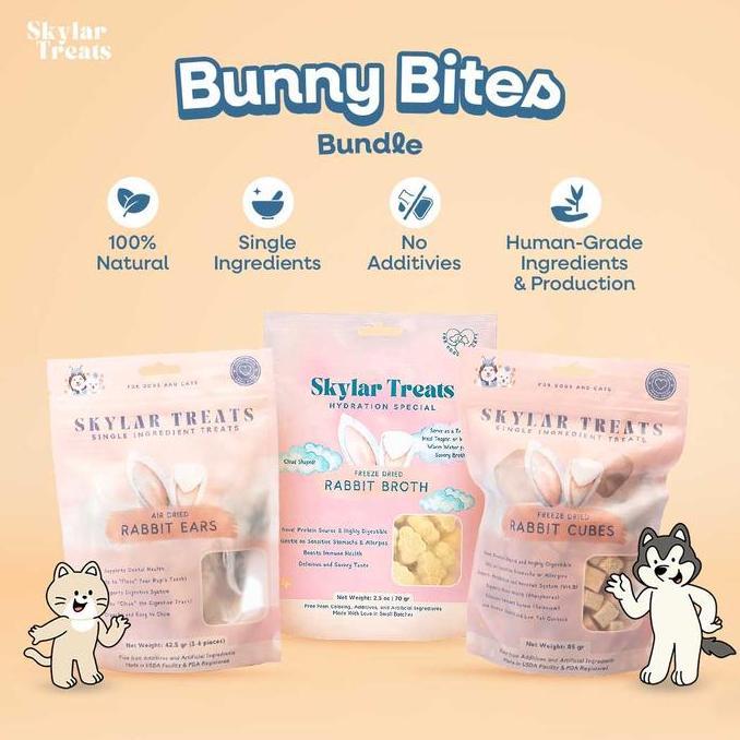 SKYLAR TREATS Bunny Bites Bundle - Snack Anjing Kucing Premium - Daging, Telinga, Kaldu Padat Kelinc