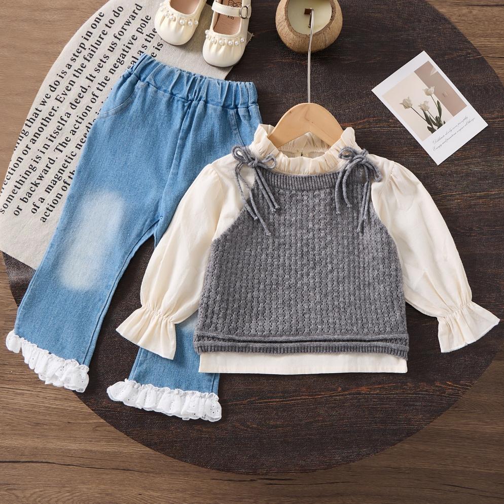 Setelan Anak Perempuan Gaya Korea Rompi Sweater Rajutan Baru Jeans Setelan Anak Tiga Potong
