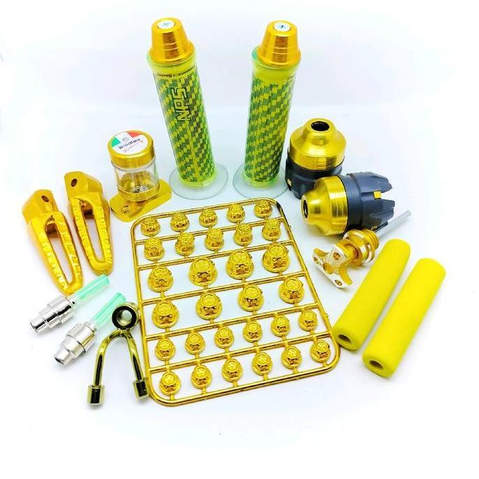 paket lengkap gold hangrip+Jalu stang+jalu as+cover baut+gantung+fostep+jarum olii +tutup pentil nya