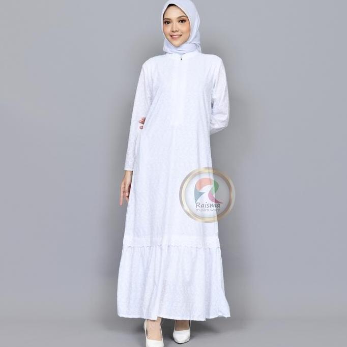 Wxwxw- Raisma - Nihan Gamis Putih Katun Bordir Umroh Haji Model Rempel Ayassh Jepang Jilbab Motif Mu
