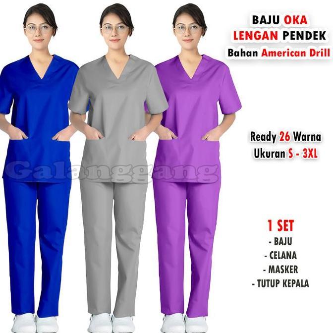 SUPER DEAL - Baju OK - Baju Oka Lengan Pendek - Baju Scrub Oka - Baju Jaga Oka - Bahan American Dril