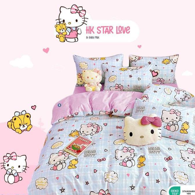 PROMO DISKON - Sprei Katun Lokal Star Bintang Kecil Motif Hk Kitty Pink Biru - Marie cat - motif kuc