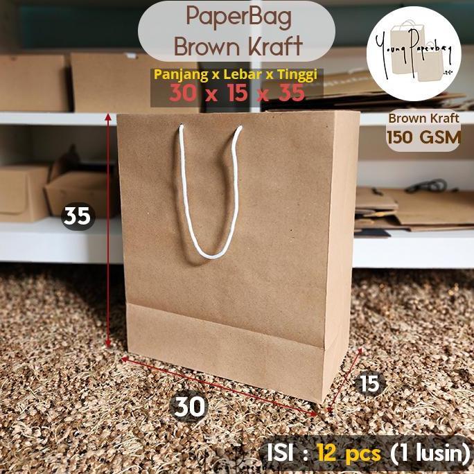 Confezione- Paper Bag/Tas Kertas Paperbag Polos Kraft Coklat 30 X 15 X 35 -150 Gsm