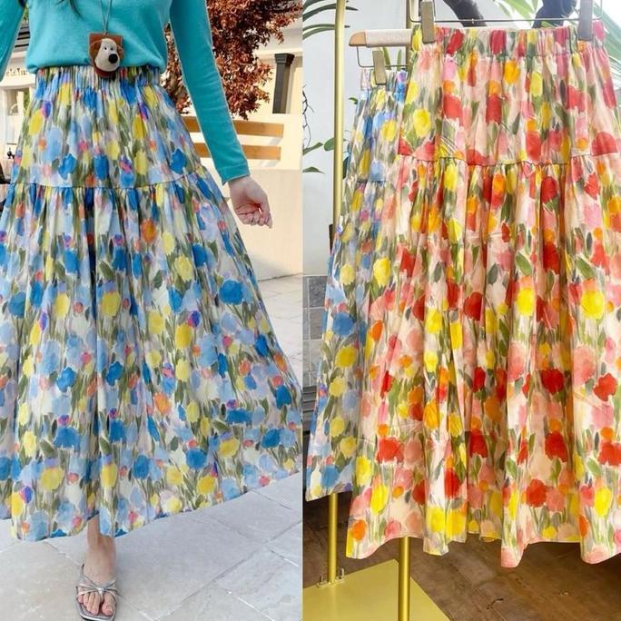 Rok Wanita BKKkekinian Free Size Panjang 95cm Bawahan Dewasa Nyaman Cantik Katun Motif Bunga Bahan S