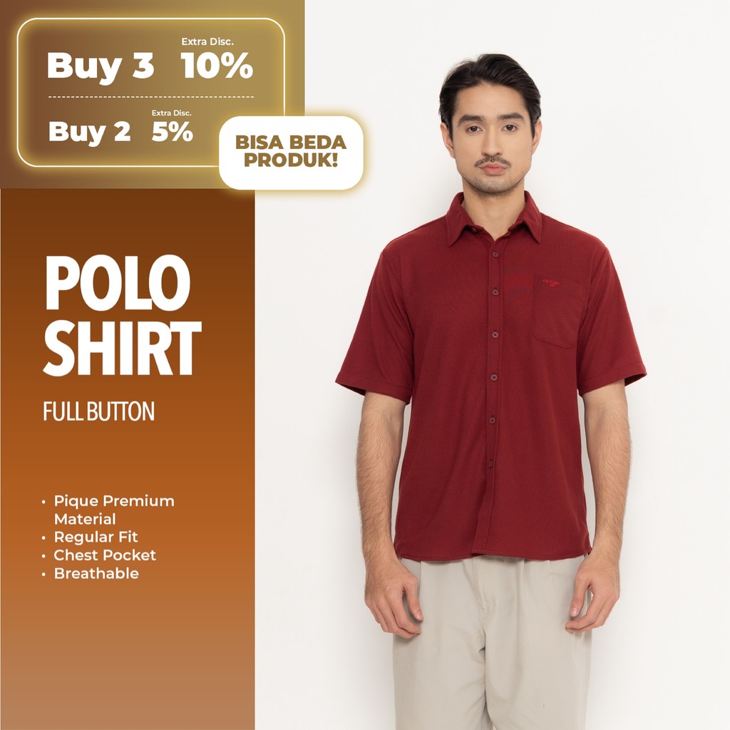 Erigo Polo Shirt Full Button Short Sleeve Fritz Maroon - Kemeja Kerah Lengan Pendek Polos Unisex