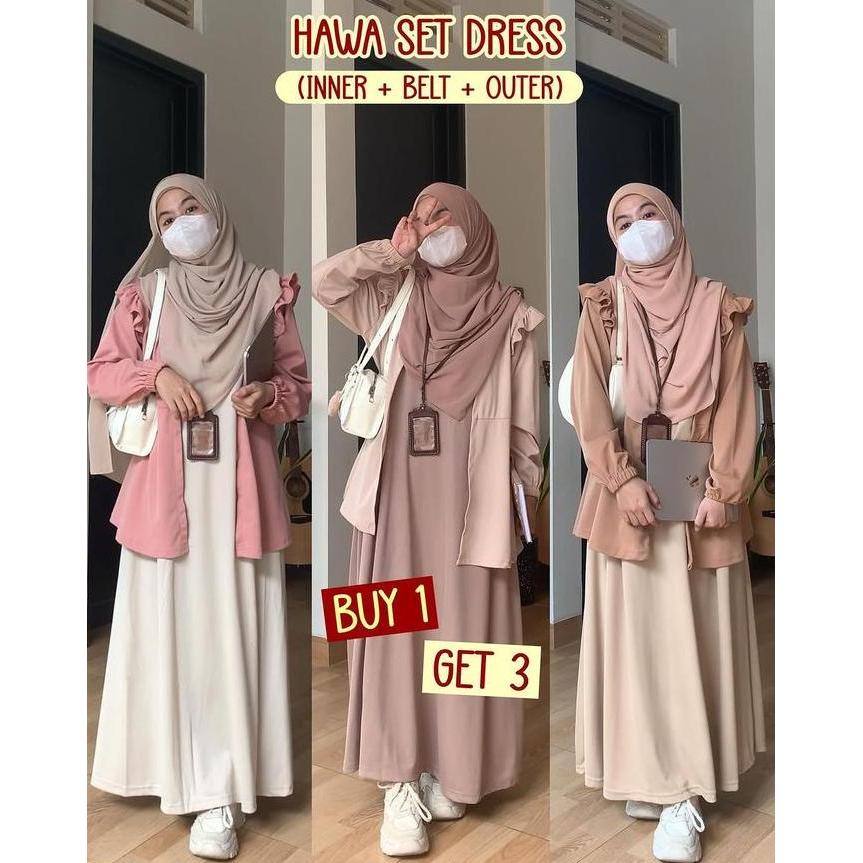 Setgirl- Arunaoutfit - Hawa Outer / Set Dress Wanita Muslim Panjang Scuba Baju Inner Outer & Belt Se