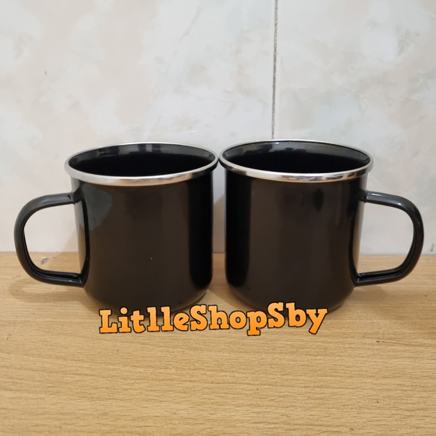 Gelas Cangkir Mug Enamel 9Cm Hitam Polos