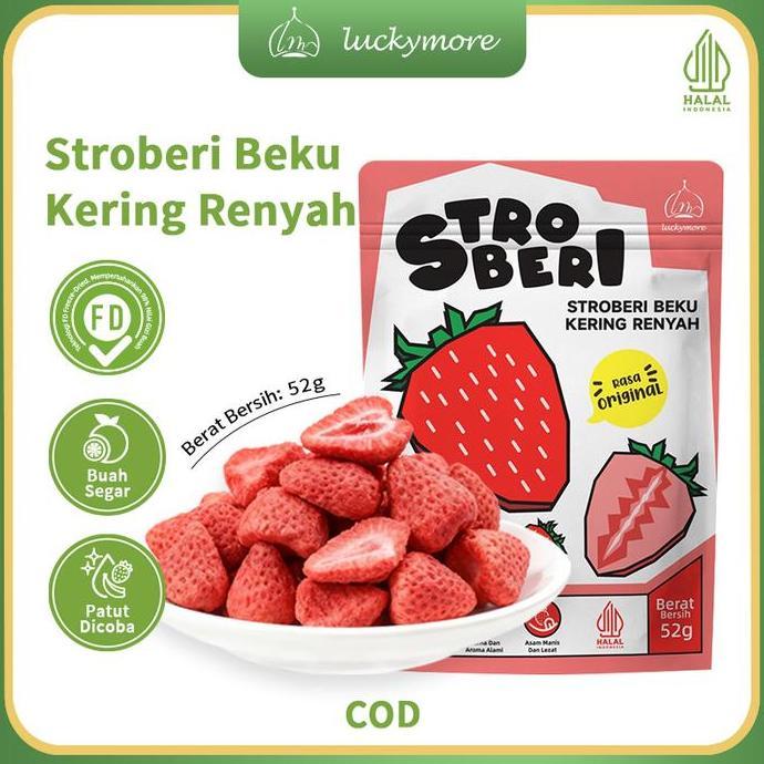 LuckymoreHALAL Stroberi Beku Kering Renyah 52g - Cemilan Sehat dan Alami | Stroberi Beku Kering Cemi