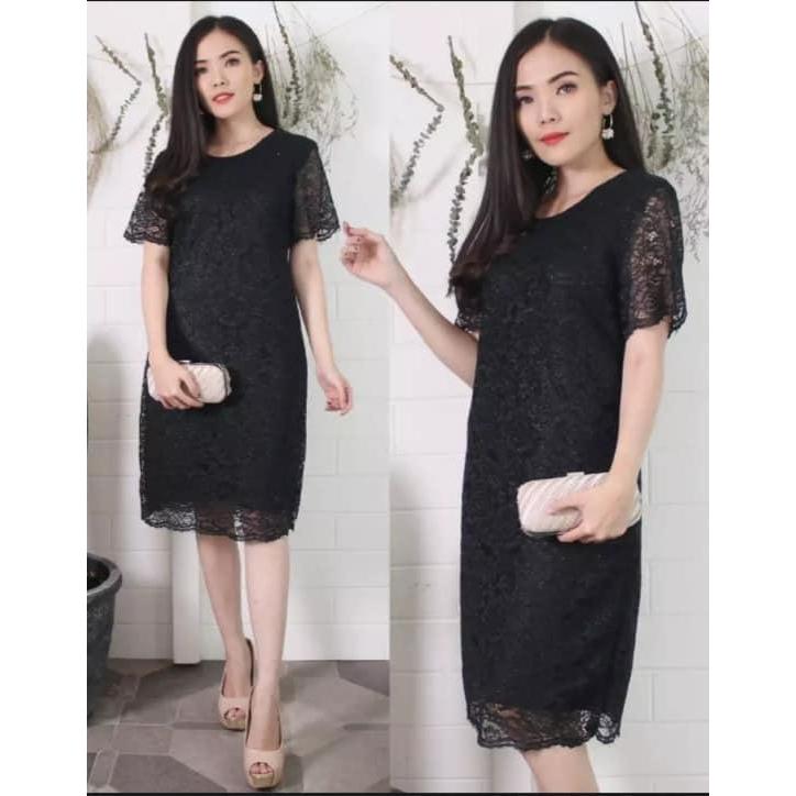 Bisa Cod - Dress Brokat Lengan Pendek Tebal Non Glitter Dress Pesta Paskah Terbaru/ Dress Brukat Mod