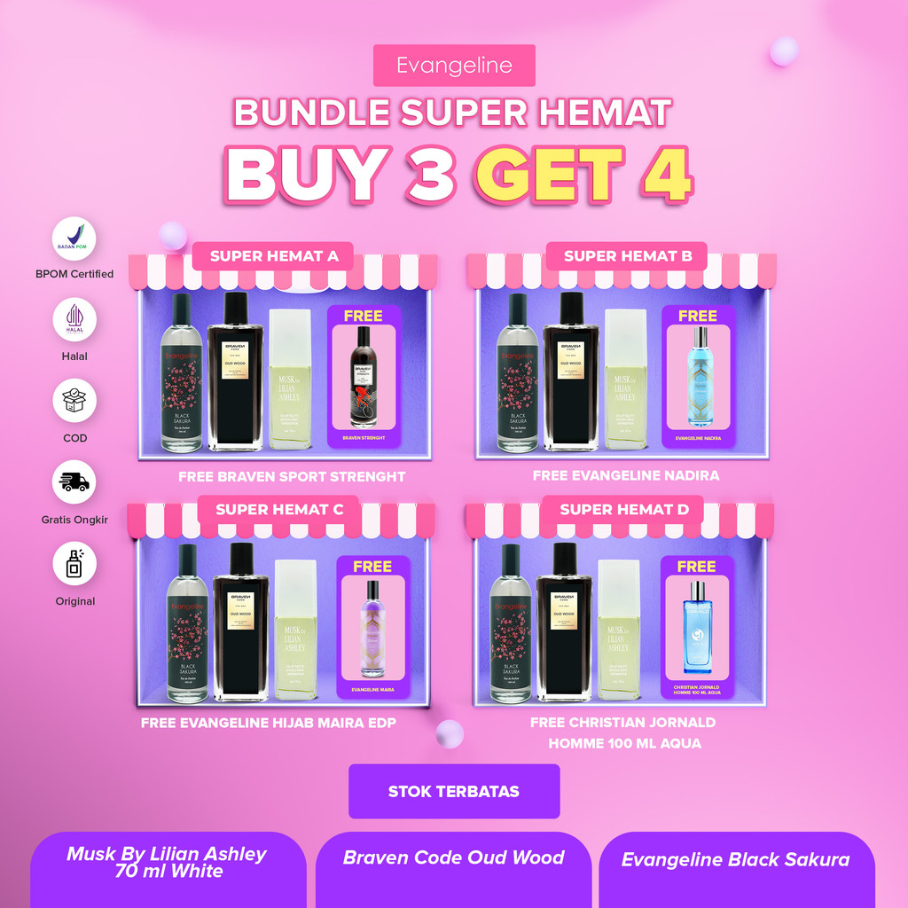 [BUY 3 GET 4] Bundle Super Hemat | Dapat 4 Botol Parfum Evangeline Black Sakura, Braven Code Oud Woo