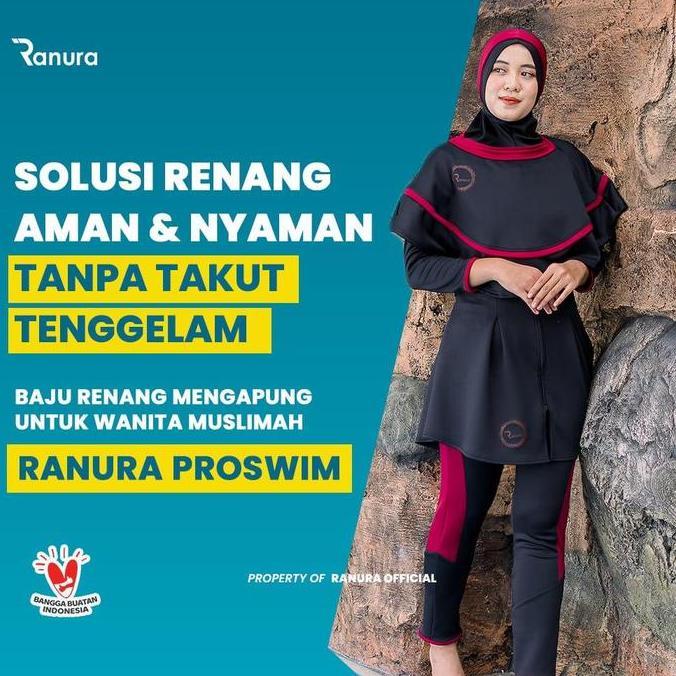 BAJU RENANG PELAMPUNG WANITA MUSLIMAH RANURA PROSWIM HIJAB DEWASA PANJANG SYARI BLACK MAROON ALAT TE
