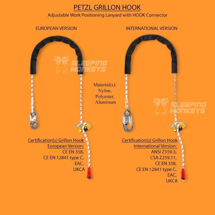PETZL GRILLON HOOK - ADJUSTABLE LANYARD FOR WORK POSITIONING WITH HOOK