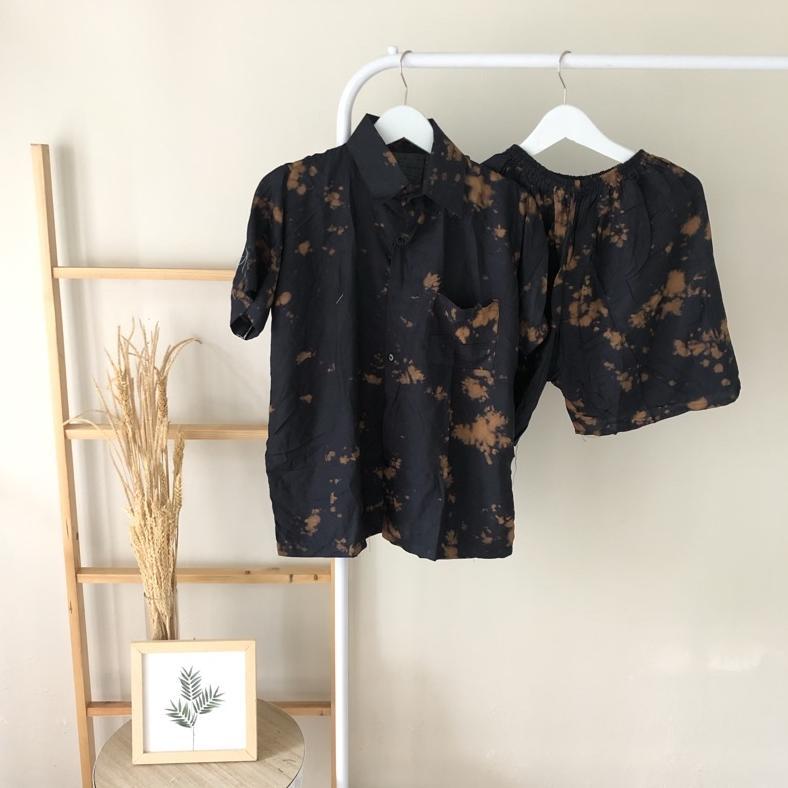 cuci gudang one set setelan atas bawah pendek tie dye pria wanita full kancing