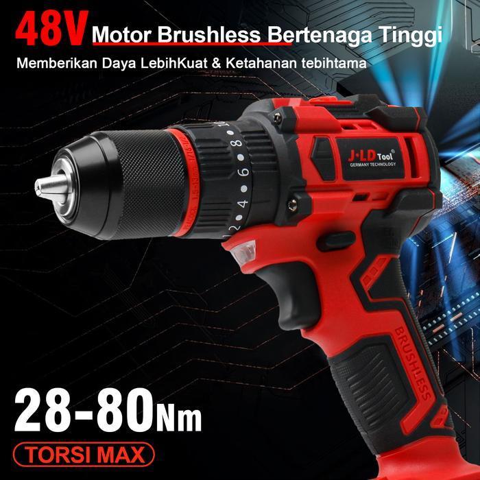 JLD Brushless Mesin Bor Baterai 13MM Cordless Impact Drill Set 48VF Bor Listrik Kotak Peralatan Mult