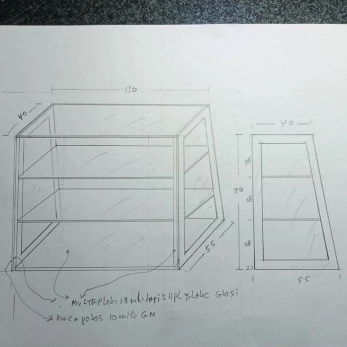 etalase kue frameless kaca 110x55x90 kaca 8mm pintu sliding alas kayu