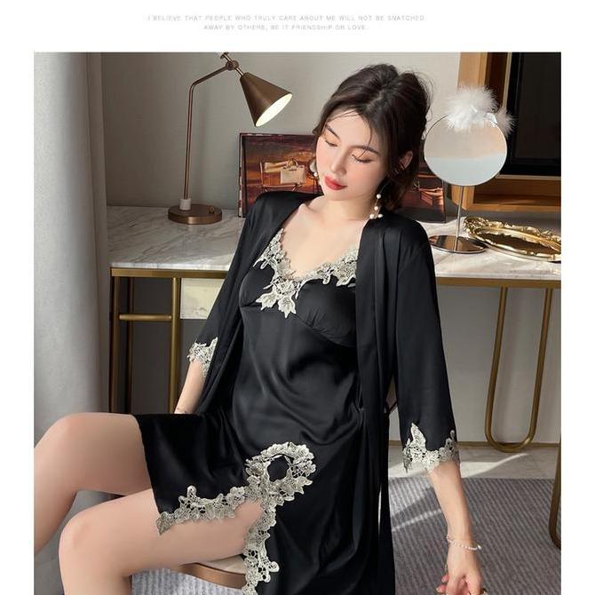 Bossexy-Kimono 2 in 1 silk premium 58015/seserahan/baju dinas Kimono Tidur Wanita Piyama Dress Satin