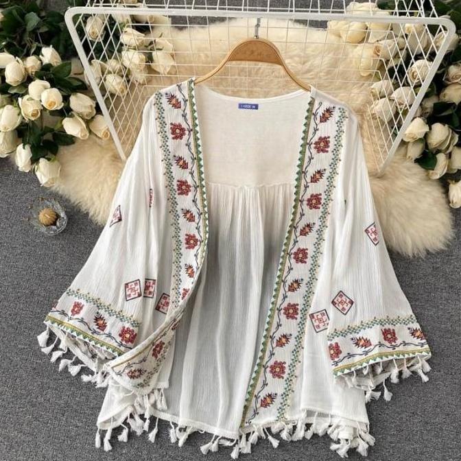 Outer Kimono Boho Tassel Baju Luaran Wanita Lengan Panjang Bohemian Cardigan Kardigan