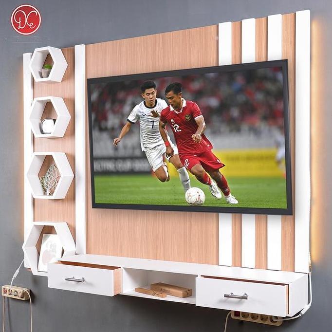 Dections Backdrop TV Dinding 160x120cm Model 2 Laci dan Rak Hexagonal Minimalis Nordic Kayu Plywood 