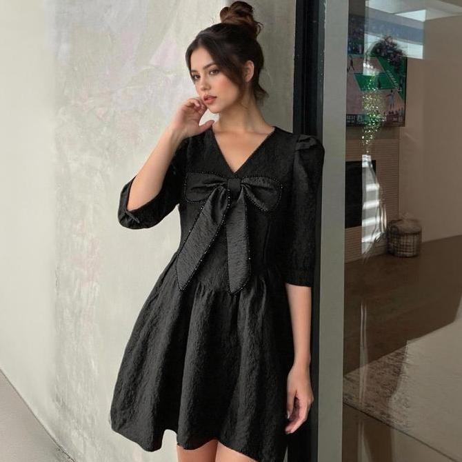 SOJEHBOW 5858 Black SummerMini Dress for Women Casual Elegant Mafia Outfit Baju Pantai Bunga Mini Pe