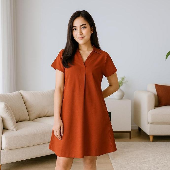 OARINAX Fashion Fabric -  Dress Wanita Casual A-Line Mini Dress Kerah V-Neck lipat Lengan Pendek #41