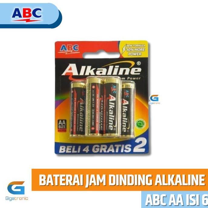 Baterai ABC Alkaline size AA (A2) isi 6 (4 + 2) / Batre Ukuran Besar Jam Dinding Mouse murah
