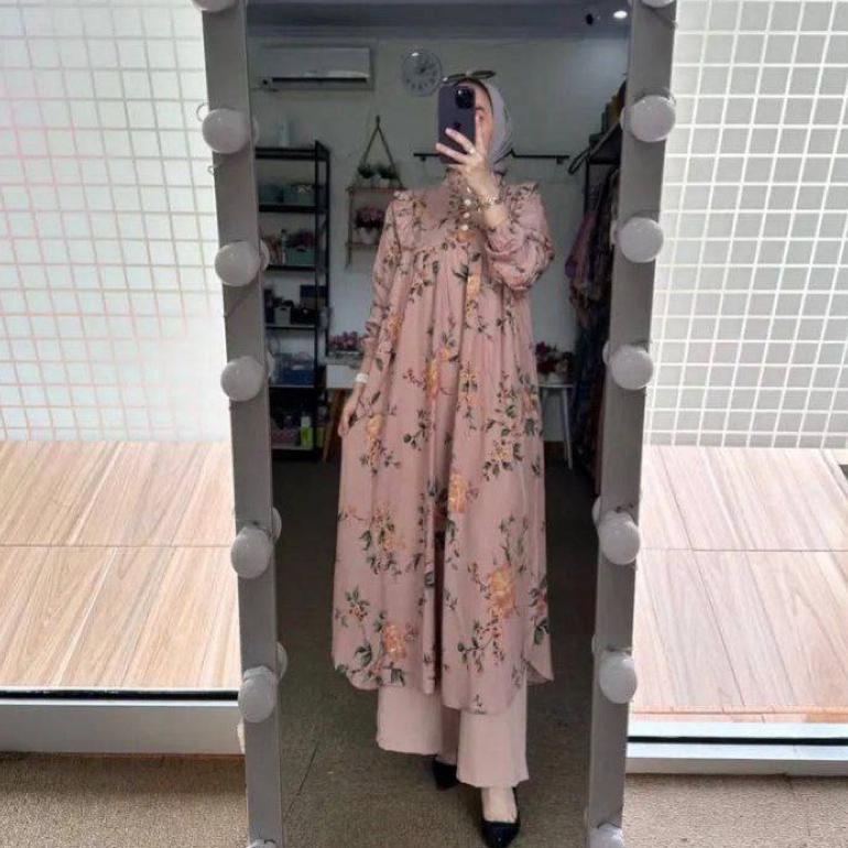 VIREKAMART SETELAN LONG TUNIK  MOTIF BUNGA JASMINE KECIL BAHAN RAYON DIAMOND CELANA CRINGKEL ORIGINA