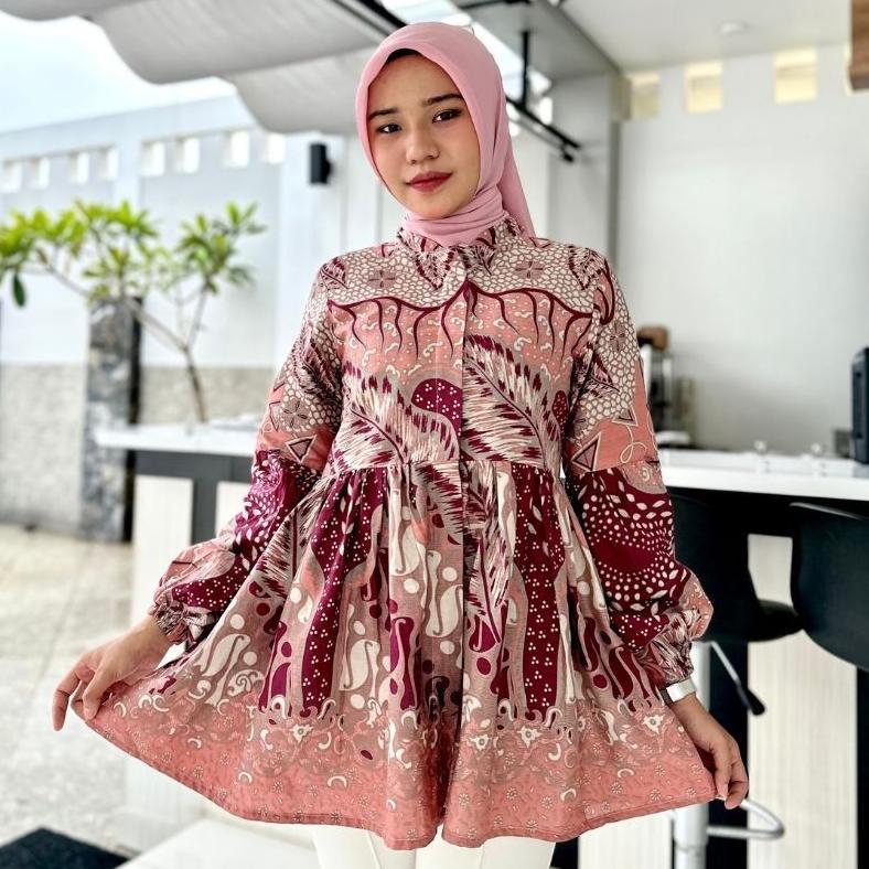 ORIGINAL RASARAYA BATIK Chaya Blouse Wanita Katun - Atasan Batik Kerja Kantor Soft Pink Tangan Balon