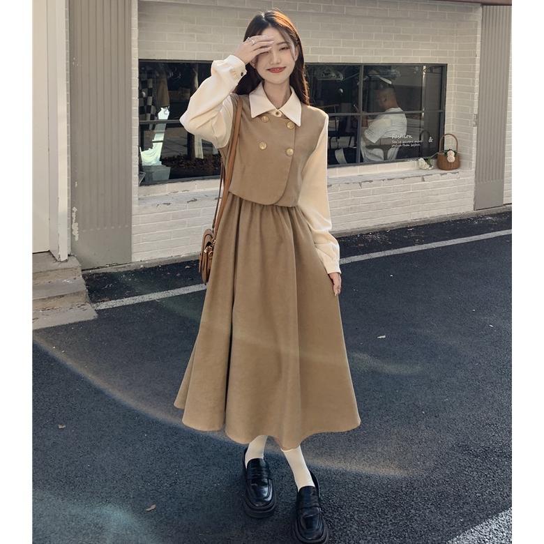 FAST DELIVERY Dress Retro Kasual Wanita Gaya Korea Dress Lengan Panjang Kerja Longgar