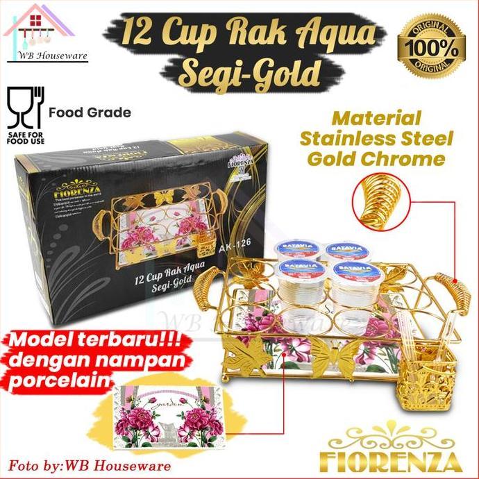 FIORENZA Rak aqua 12lubang stainless gold segi AK-126 / tempat minum cup aqua gelas bulat HT