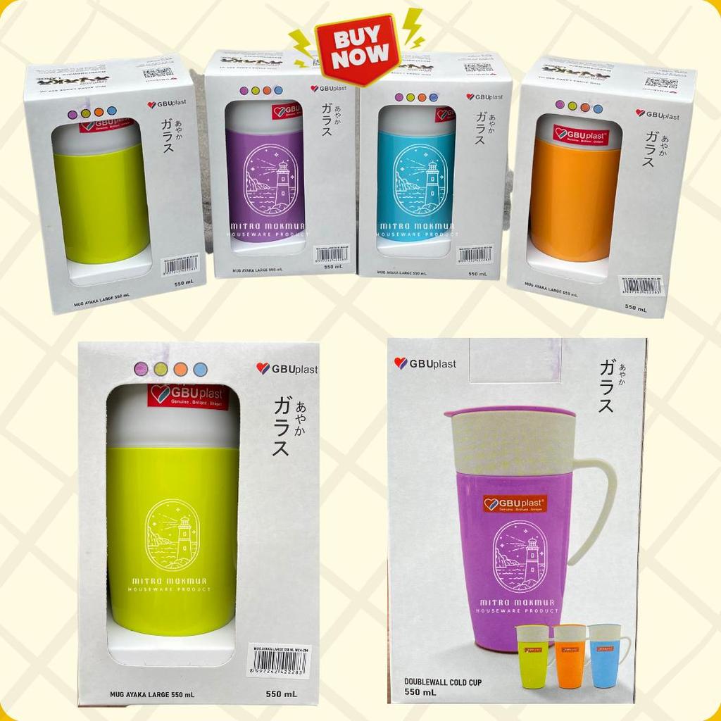 New Mug Plastik Double Layer 550 Ml Ayaka Gbu Plastik Gelas Gagang + Tutup Plastik Spaylater 0%