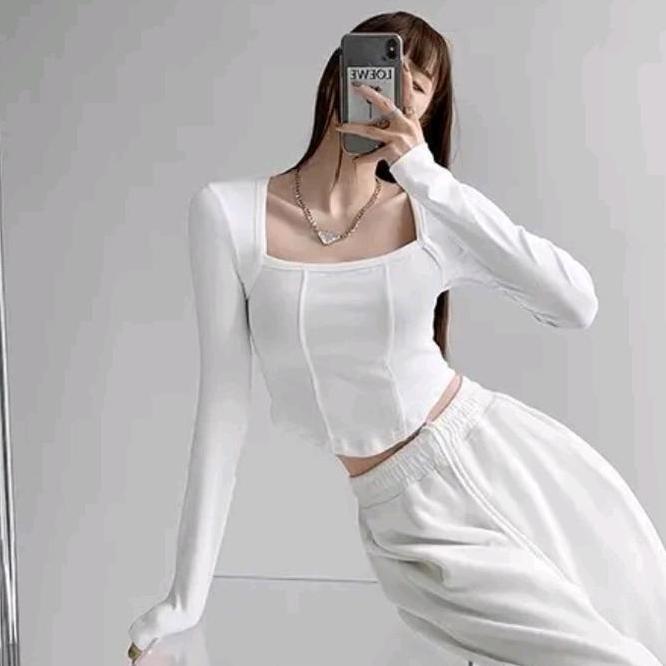 Crop Top Kerah Kerah Kotak Lengan Panjang Mgy39K Rib