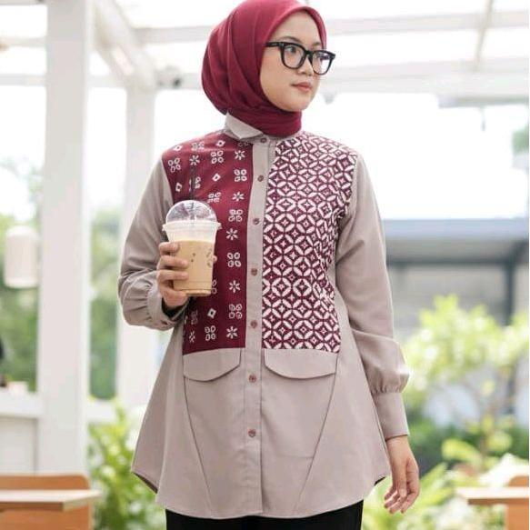 Saiara Anjani Taupe Saiara Anjani Taupe Kemeja Batik Kombinasi Katun Toyobo