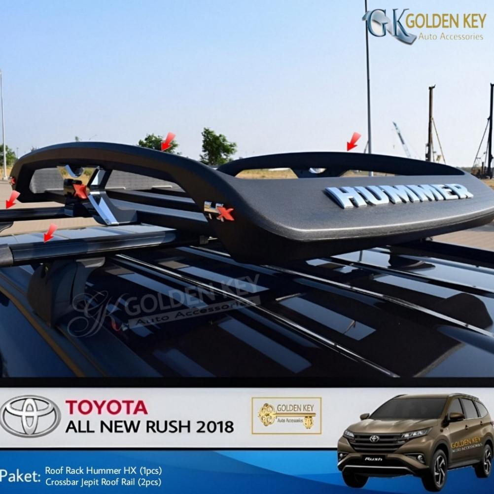 FREE ONGKIR PAKET ALL NEW RUSH 2018 UP ROOF RACK HUMMER HX + CROSSBAR JEPIT ROOF RAIL RAK BAGASI ATA