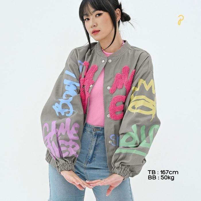 Bisa Cod - Pakepakaii Jacket Main Bomber Jacket Ini Bordir Bulu Hitam Katun Jaket Wanita Abu Coklat 