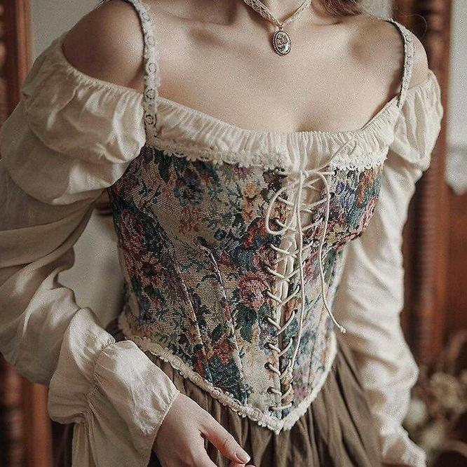 Korset Wanita Top Stok Ready Korset Wanita Model Floral Corset Vest Retro Vintage
