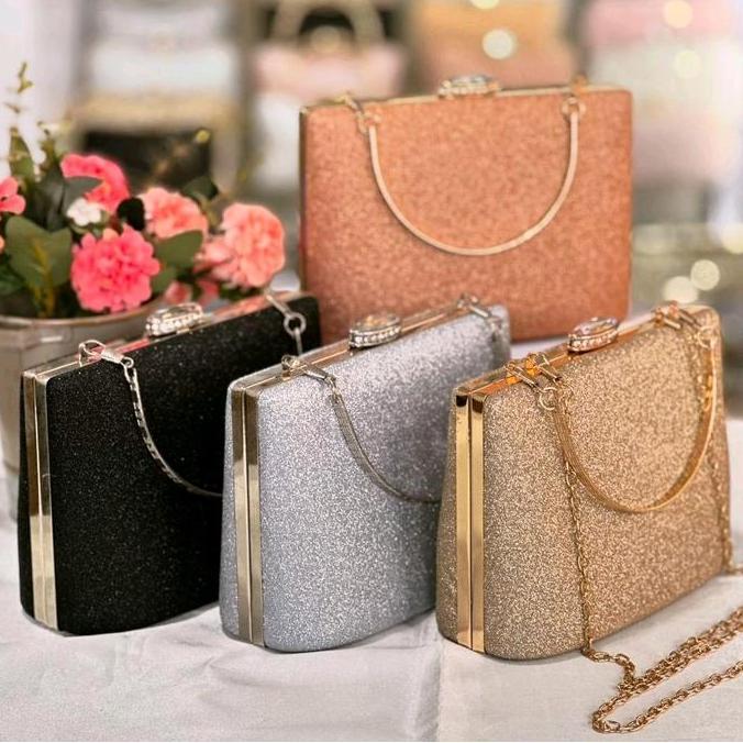 Tas Pesta EMERY Box Clutch dengan Tali Pendek Besi dan Tali Panjang Rantai - Wanita