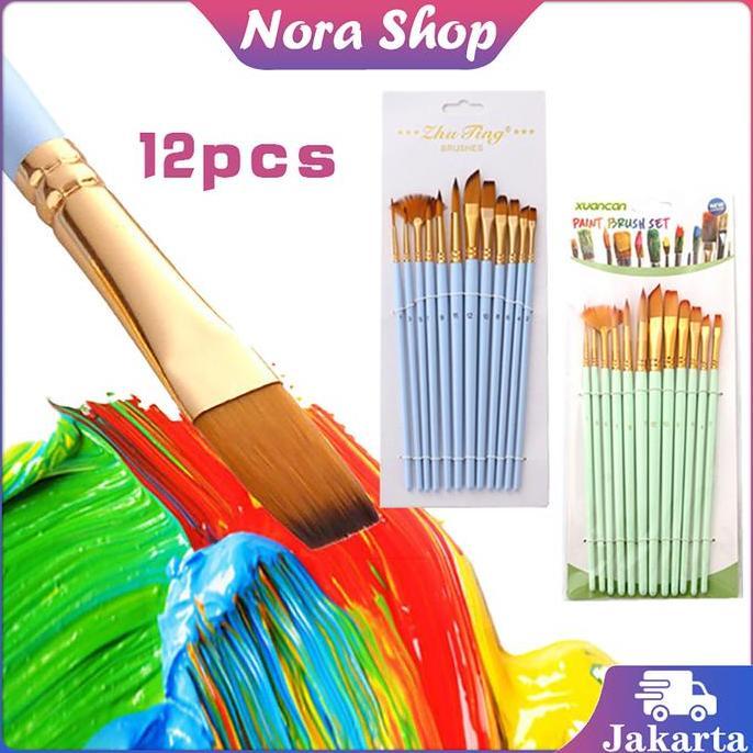HASQUINE 12pcs Kuas Lukis Set Kuas Cat Minyak Nilon Kuas Melukis Lengkap Perlengkapan Seni