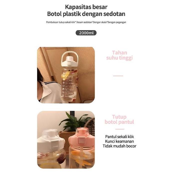 GUNEMANE Botol minum sekolah/Botol air minum 2000ml/cangkir plastik sedotan/botol minum dewasa