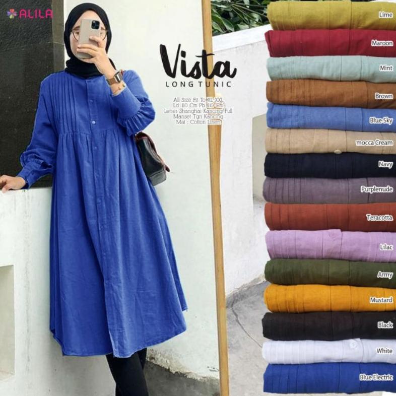paket hemat vista long tunik bahan cotton linen import ori berlabel alila/long tunik katun polos ld 