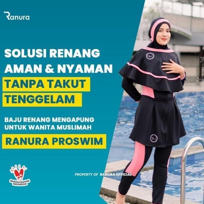 BAJU RENANG PELAMPUNG WANITA MUSLIMAH SYARI DEWASA PANJANG RANURA PROSWIM BLACK PINK ALAT TERAPI REN