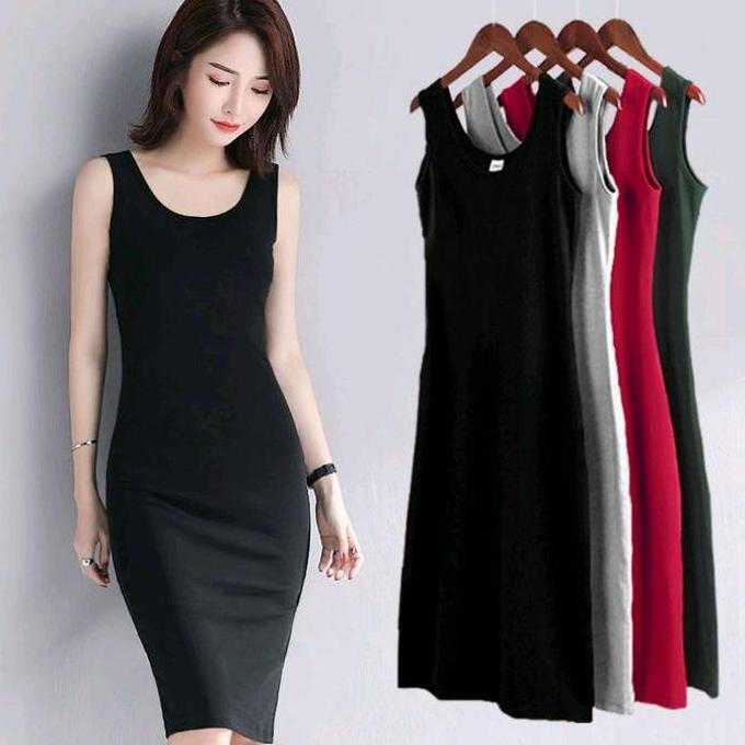 WINTURY LEEA Bodycon Dress Long Premium Rib - Dress Polos Wanita Panjang Tanpa Lengan Bahan Tebal Sl