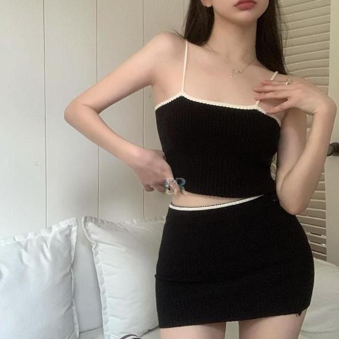 AZBOMO LNR Shop Setelan Basic Tanktop + Rok Pendek Rajut Atasan Lengan Tali Crop Top Mini Skirt Dres