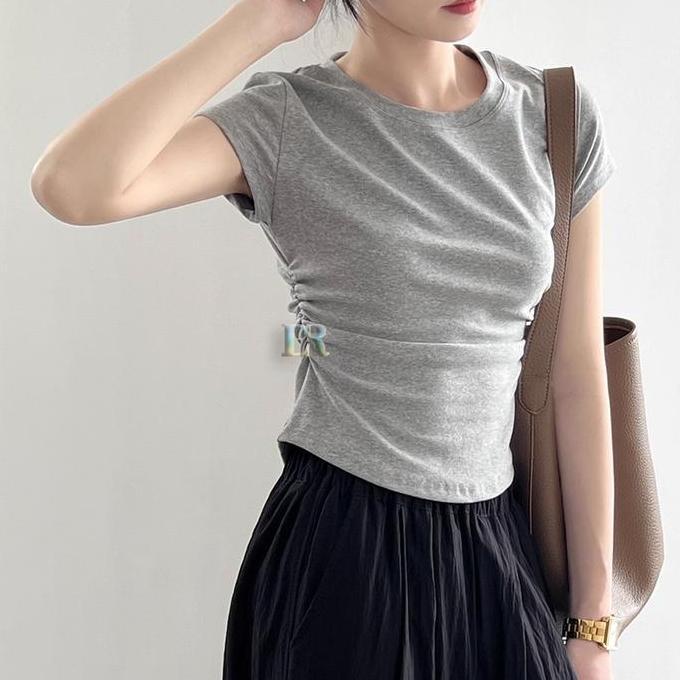 AZBOMO LNR Shop Atasan Kaos Serut Samping Lengan Pendek Bahan Cotton 40S Crop Top Korean Style Kasua